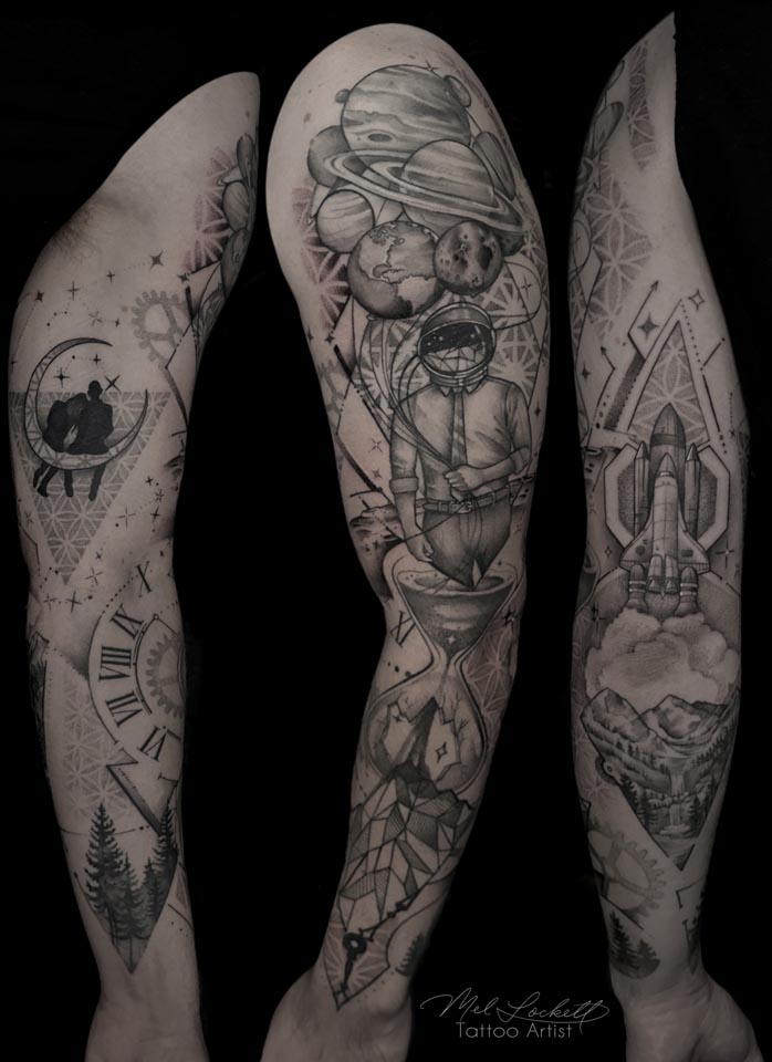 Abstract, Black and Gray, Illustrative tattoo by Mel Lockett